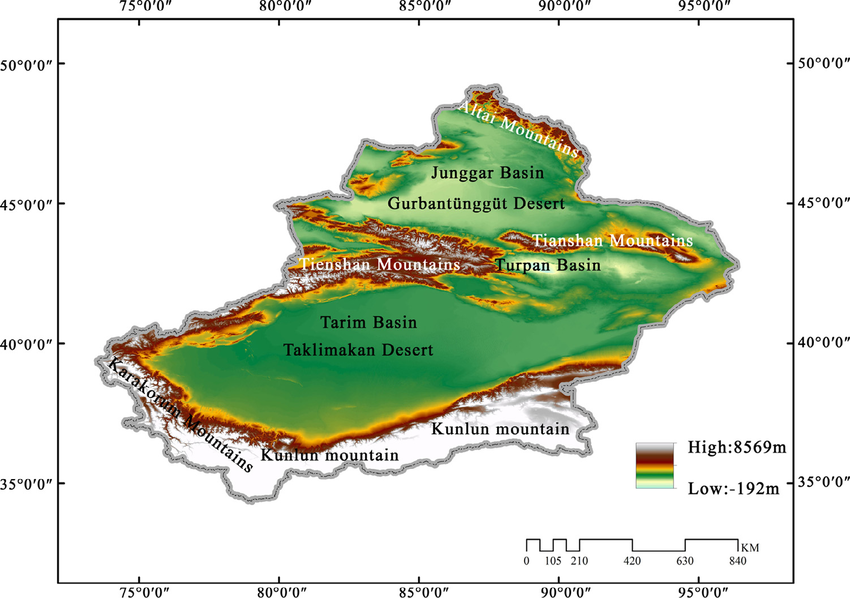 Sketch-map-of-the-geographical-sub-regions-of-Xinjiang-based-on-elevation-The-boundary